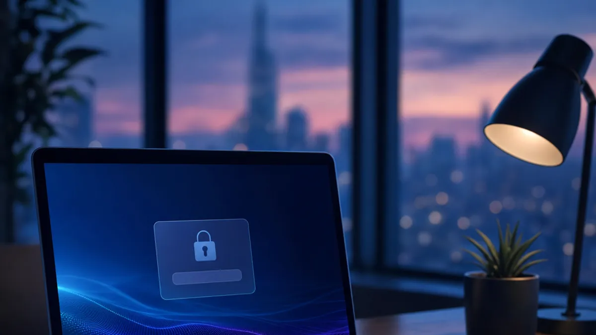 Un ordinateur portable sur un bureau en bois affichant une boîte de dialogue de connexion vierge avec une icône de cadenas, à côté d'un téléphone et d'un carnet fermé à la lumière du soir.
