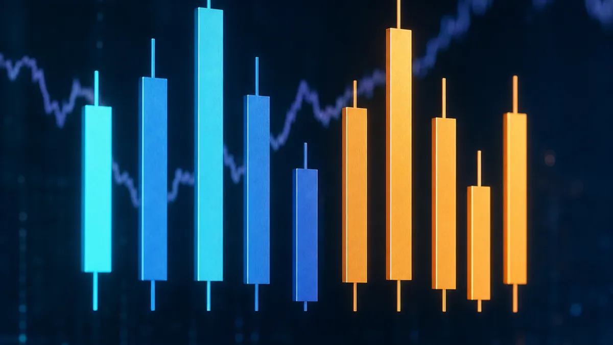 Uma tela escura mostrando dez barras verticais de altura similar em dois grupos de cores, com uma linha de gráfico de ticks tênue atrás delas.