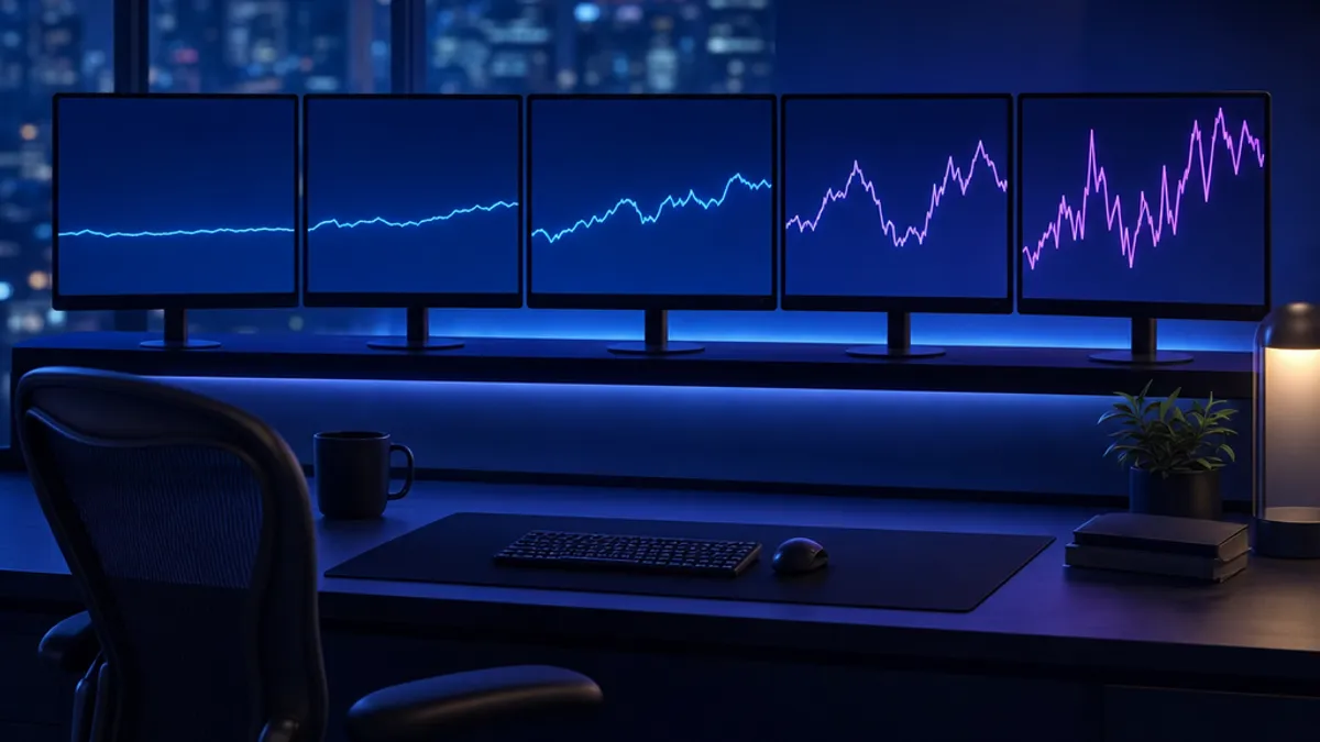خمسة شاشات بجانب بعضها على مكتب مظلم، كل منها يعرض خط سعر مع تقلبات أكبر بشكل تدريجي من اليسار إلى اليمين.