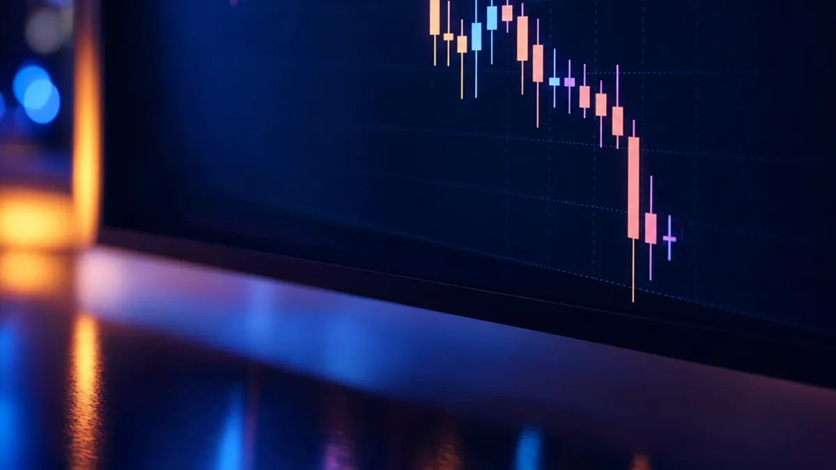 A dark trading screen showing a jagged candlestick chart stepping downward with long wicks, reflected on a desk.
